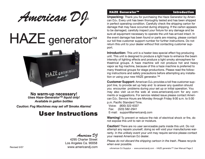 Page 1 de la notice Manuel utilisateur Adj HAZE generator