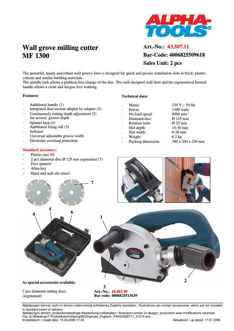 Page 1 de la notice Fiche technique Alpha Tools MF 1300