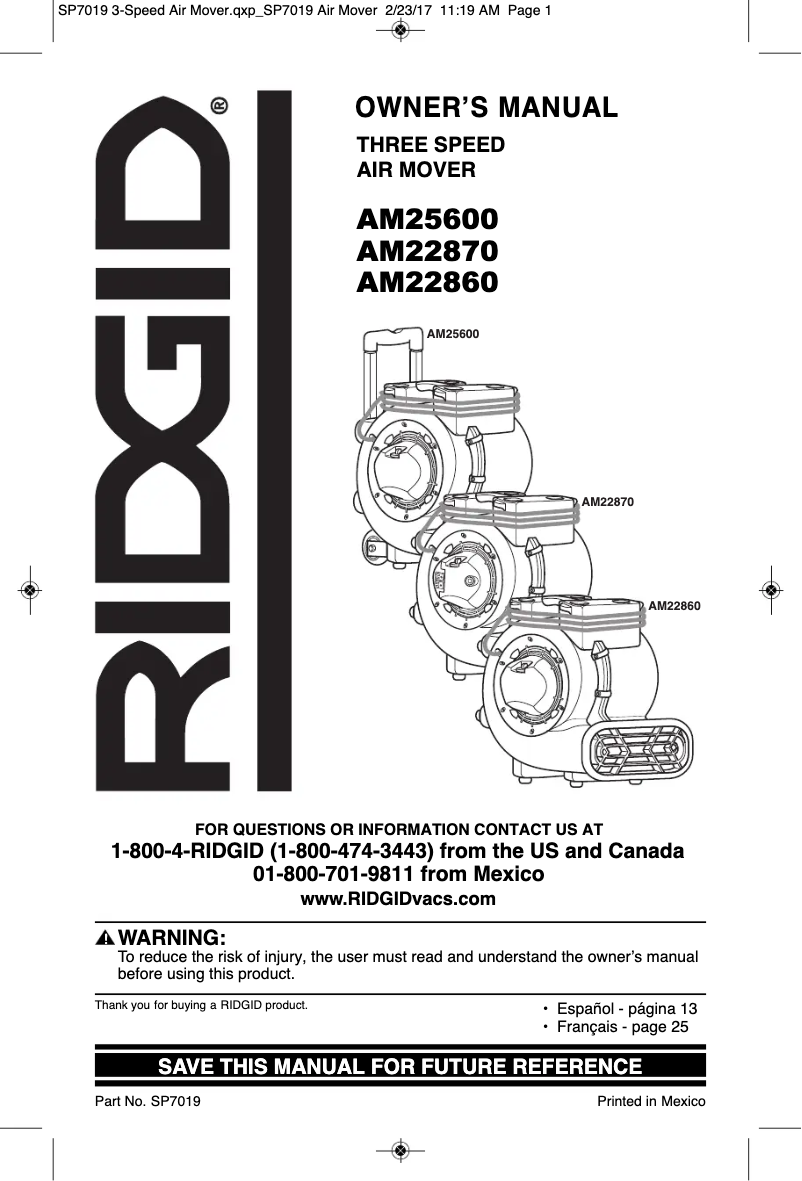 Página 1 del manual Manual de usuario Ridgid AM2287