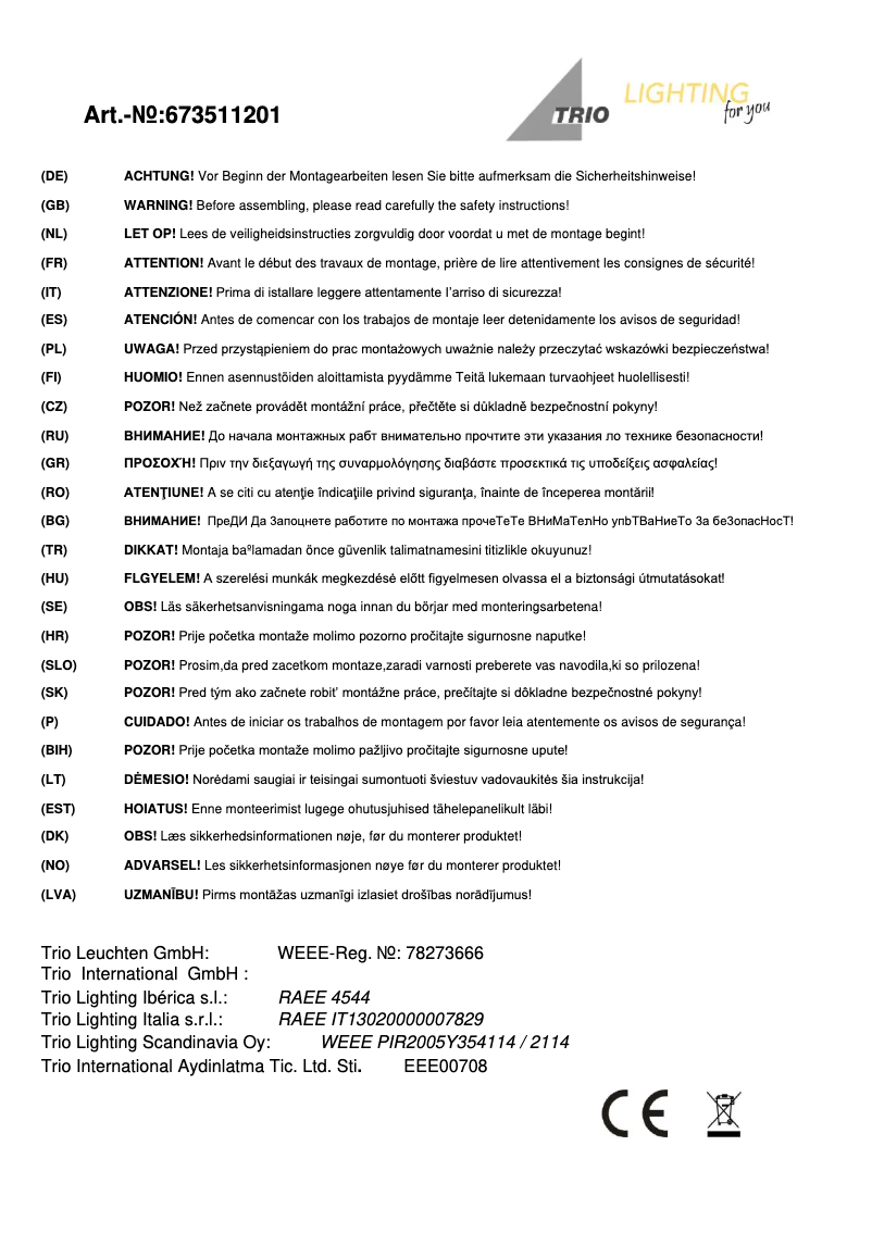 Page 1 de la notice Manuel utilisateur Trio Lighting Gemma 673511201