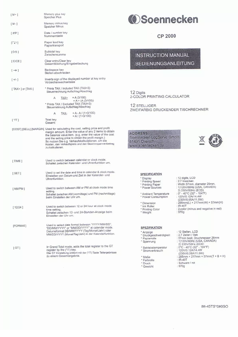 Page 1 de la notice Manuel utilisateur Soennecken CP2000