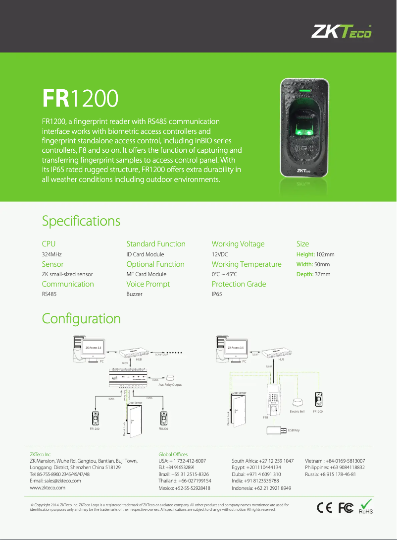 Page 1 de la notice Fiche technique ZKTeco FR1200