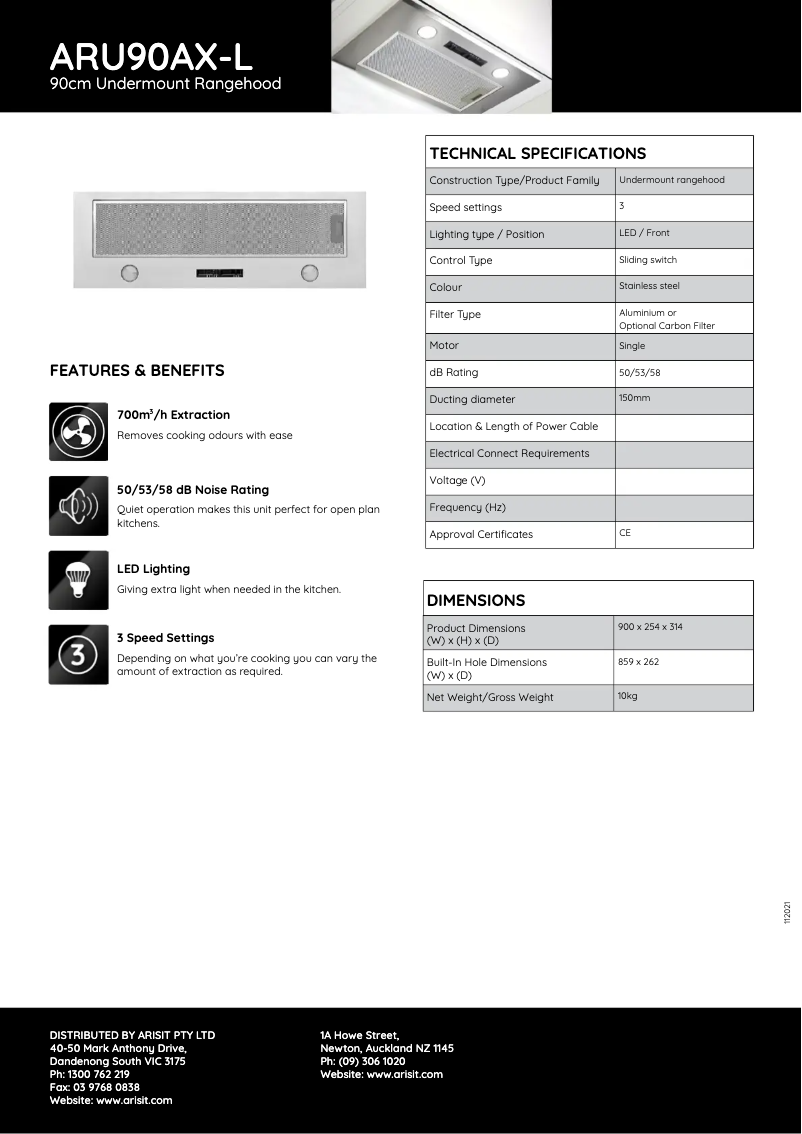 Page 1 de la notice Fiche technique Tisira ARU90AX-L