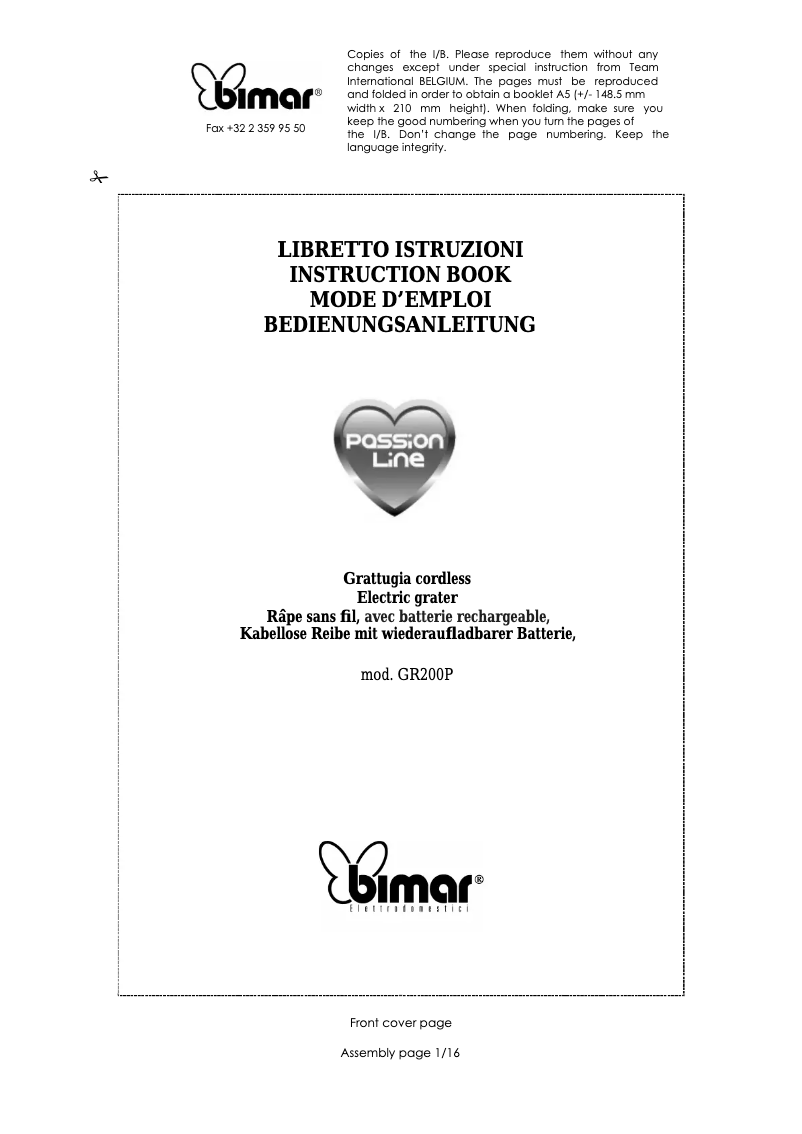 Page 1 de la notice Manuel utilisateur Bimar GR200P