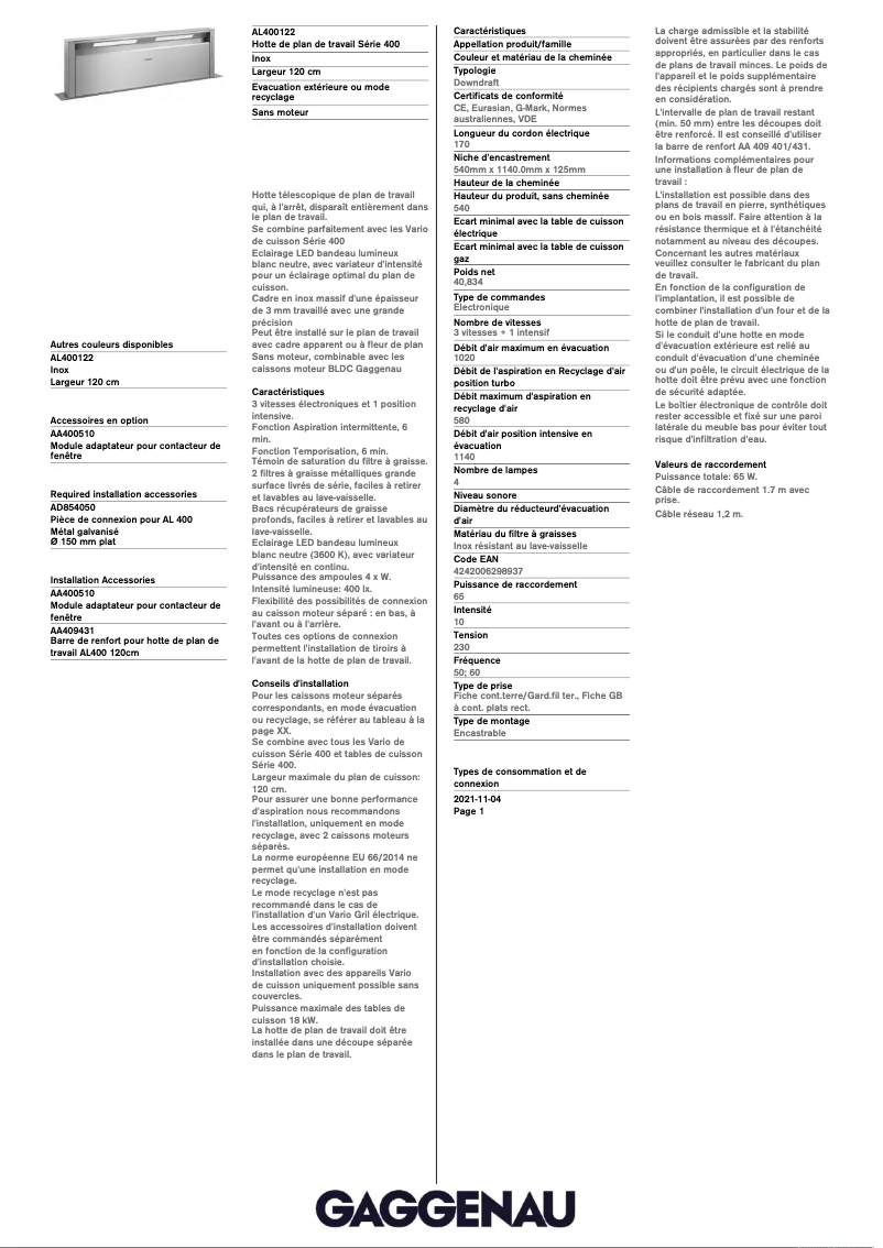 Página 1 del manual Ficha técnica Gaggenau AL400122