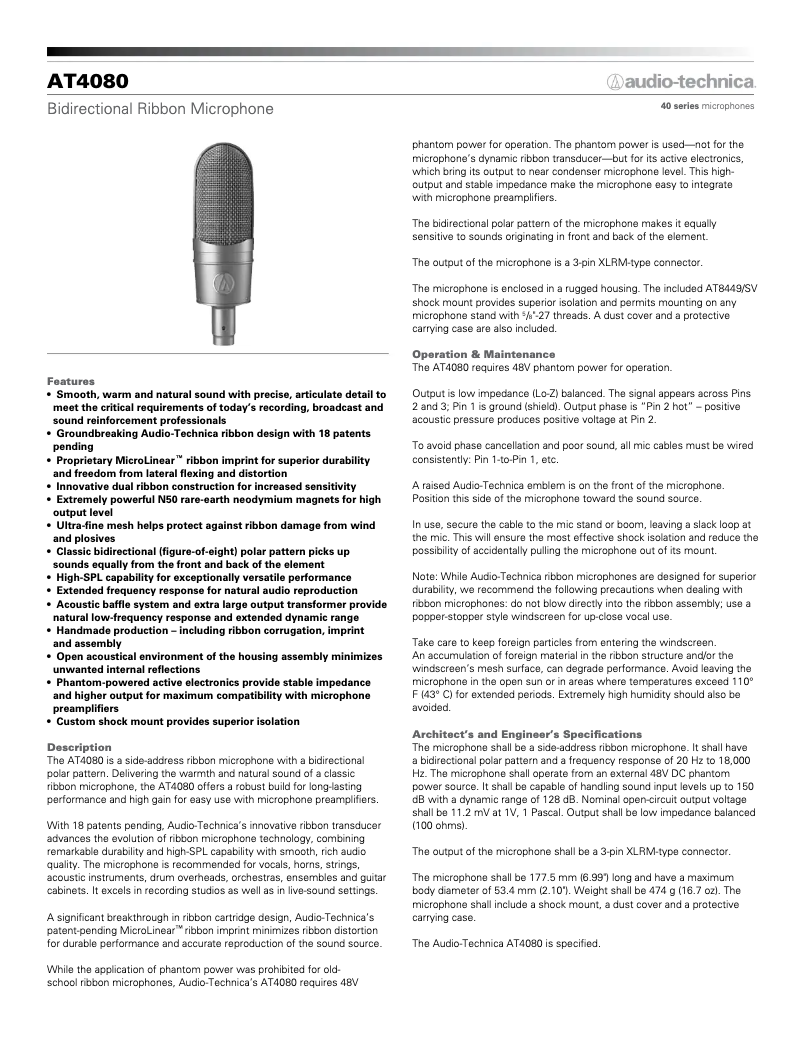 Page 1 de la notice Guide de démarrage rapide Audio-Technica AT4080