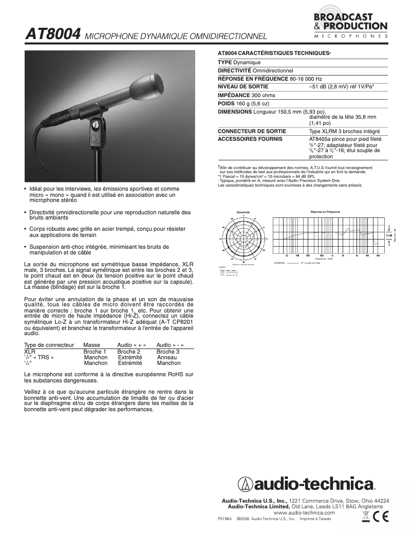 Page 1 de la notice Fiche technique Audio-Technica AT8004