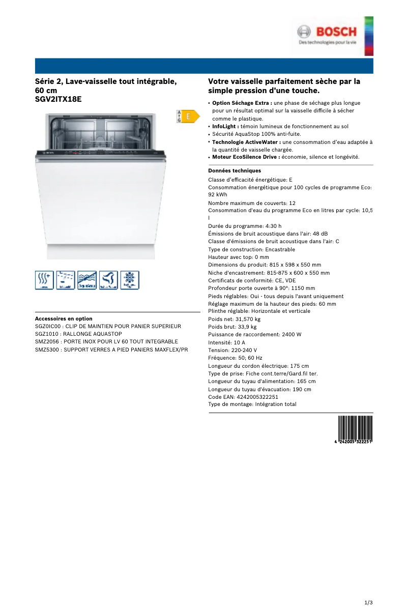 Page 1 de la notice Manuel utilisateur Bosch Serie 2 SGV2ITX18E