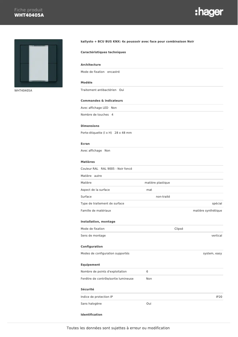 Page 1 de la notice Fiche technique Hager WHT40405A