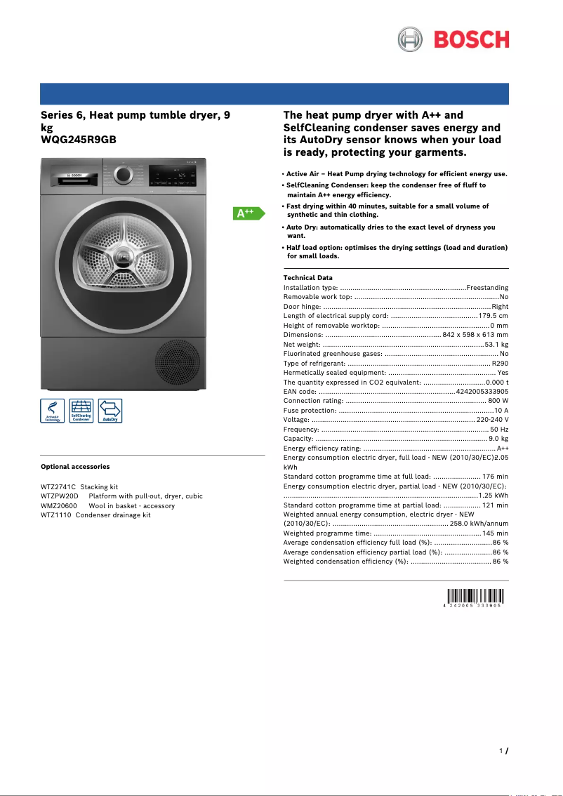 Page 1 de la notice Fiche technique Bosch WQG245R9GB