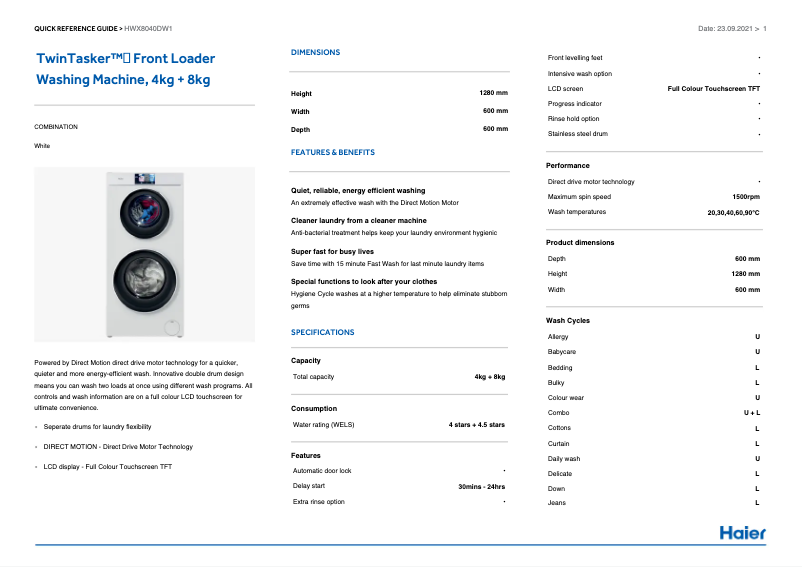 Página 1 del manual Manual de usuario Haier TwinTasker HWX8040DW1
