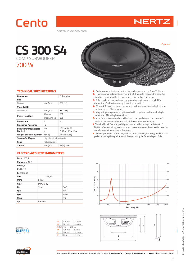 Page 1 of the manual Technical Sheet Hertz Cento CS 300 S4