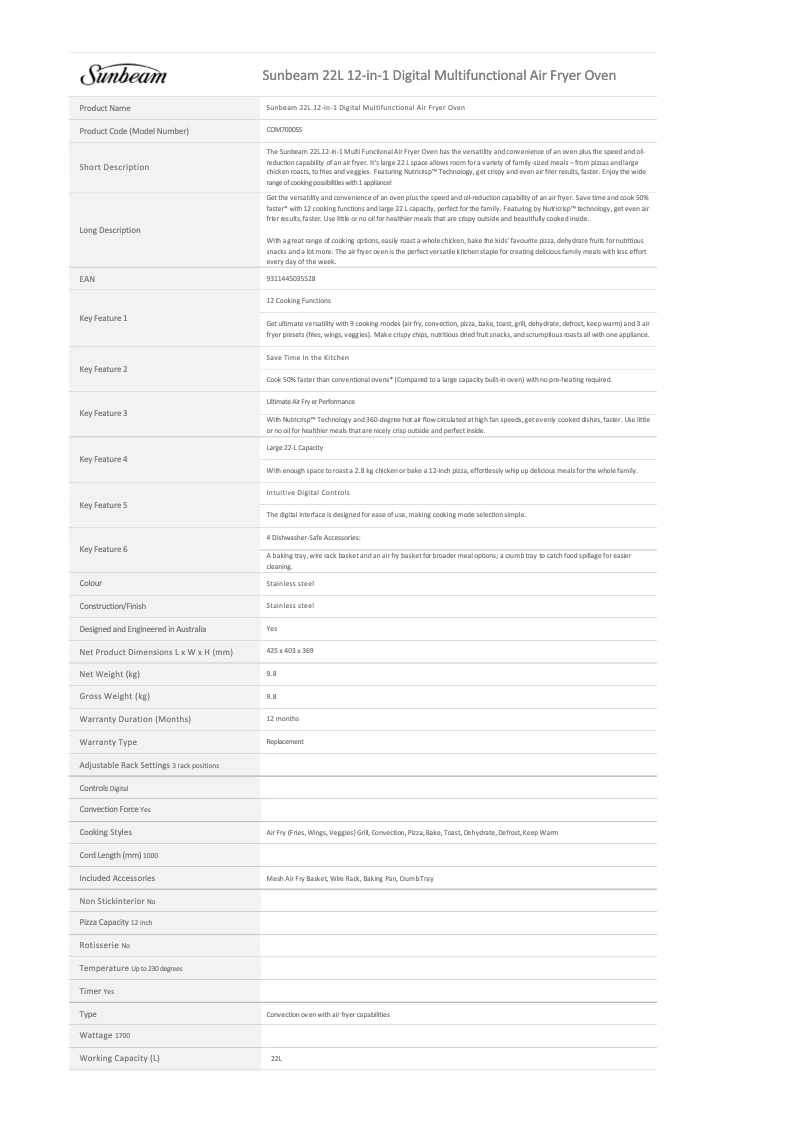 Page 1 de la notice Fiche technique Sunbeam COM7000SS