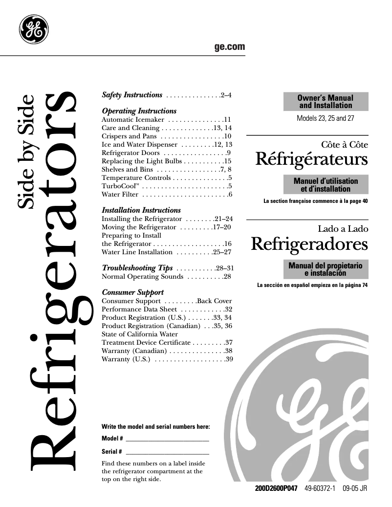 Page 1 de la notice Manuel d'utilisation et d'entretien GE DSS25LGPCC