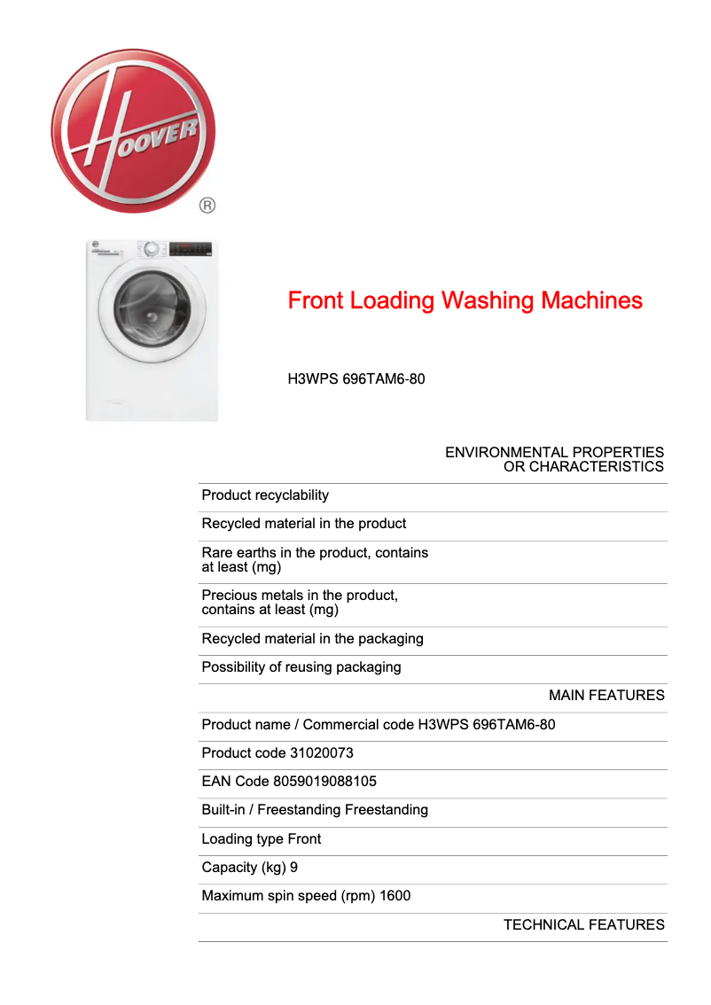 Página 1 del manual Ficha técnica Hoover H3WPS 696TAM6-80