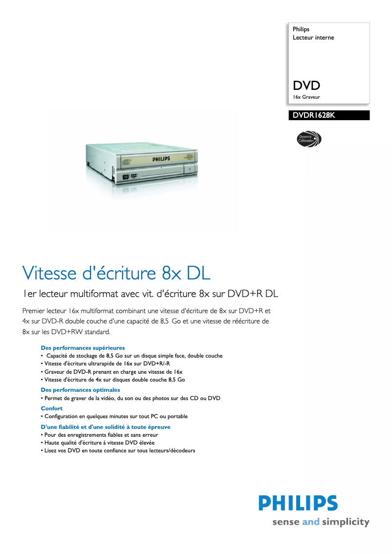 Page 1 de la notice Fiche technique Philips DVDR1628K