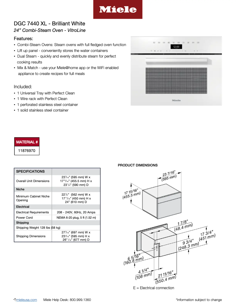 Page 1 de la notice Fiche technique Miele DGC 7440 XL