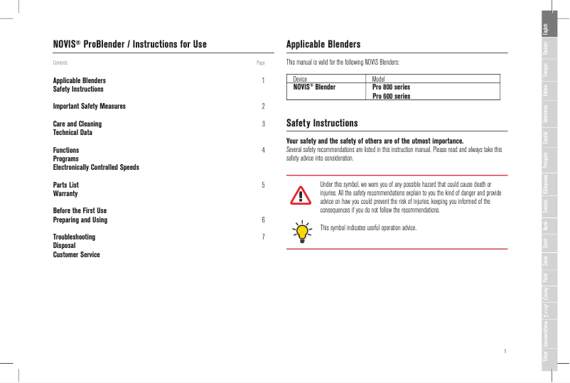 Page 1 of the manual User Manual Novis ProBlender 650L