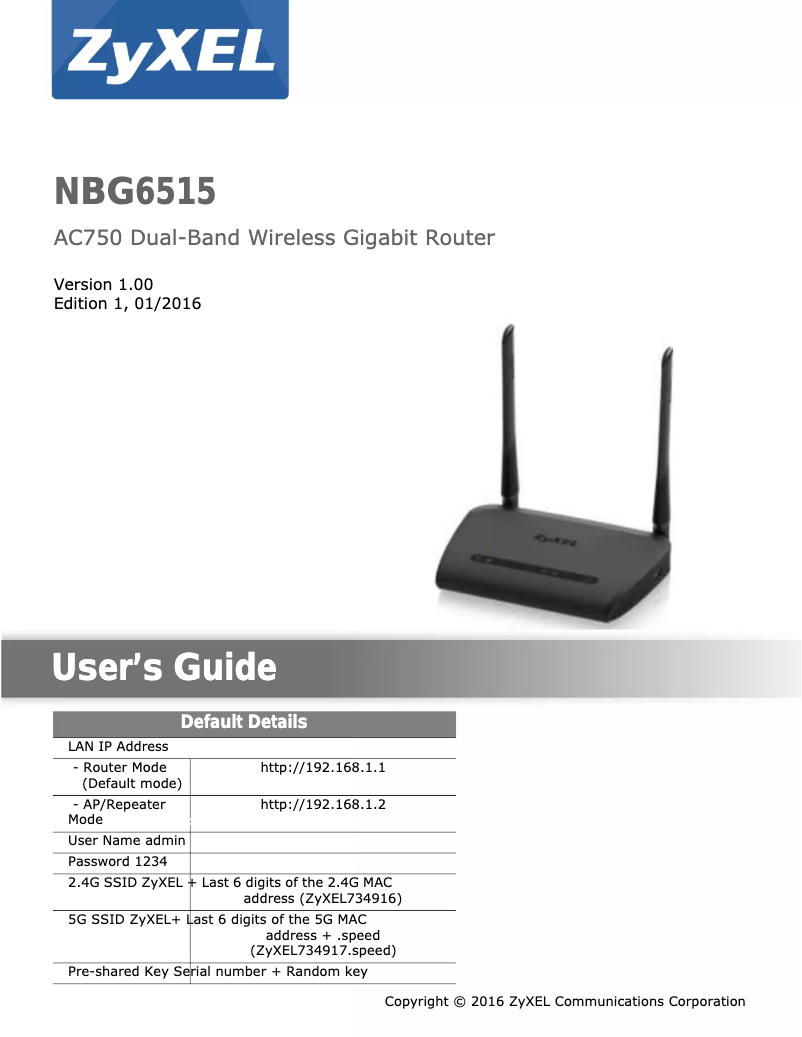 Page 1 of the manual User Manual ZyXEL NBG6515