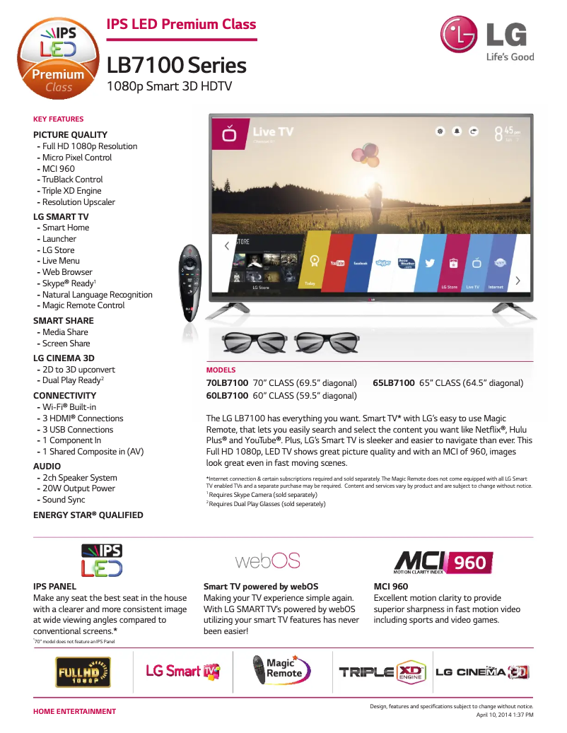 Page 1 de la notice Fiche technique LG 60LB7100