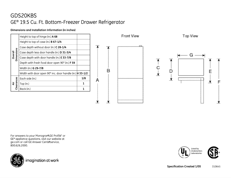 Página 1 del manual Ficha técnica GE GDS20KBSBB