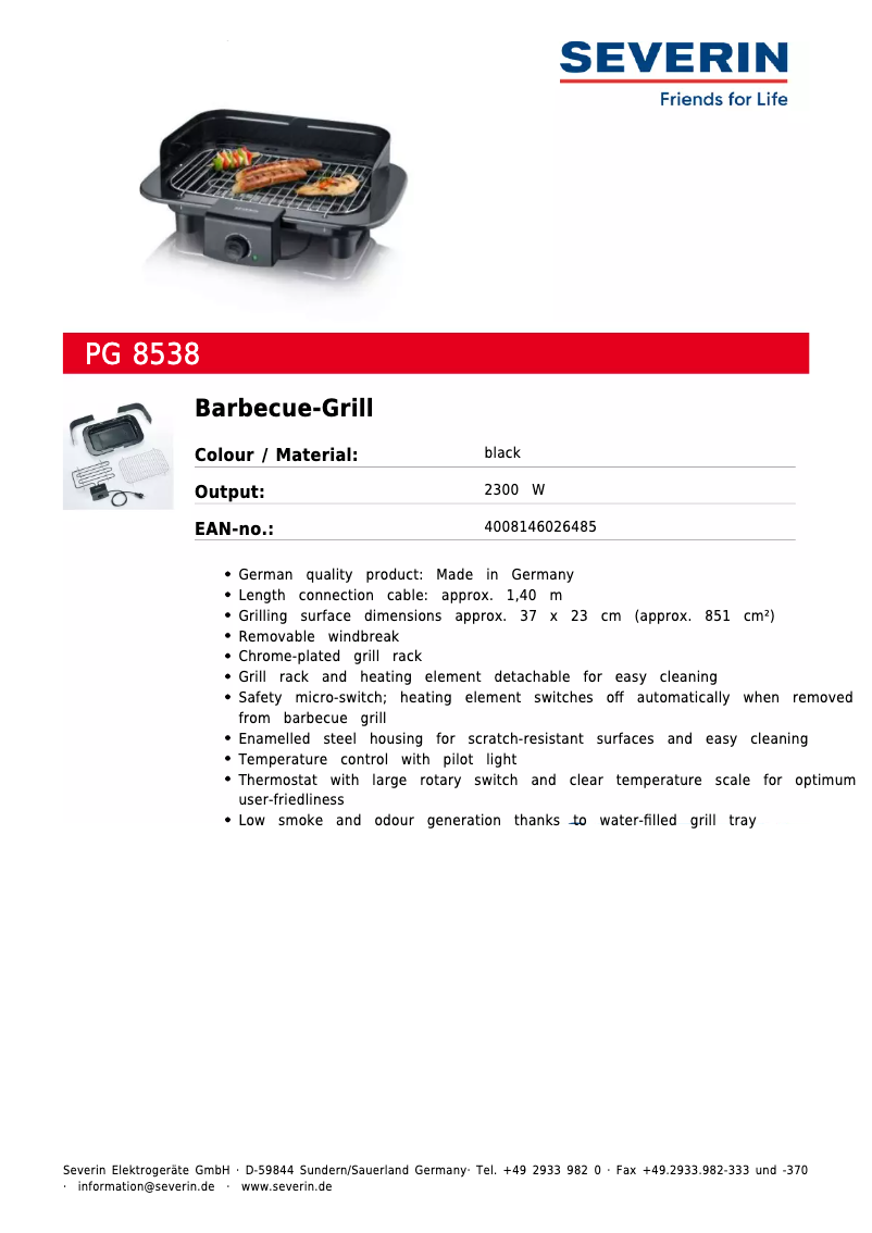 Page 1 de la notice Fiche technique Severin PG 8538