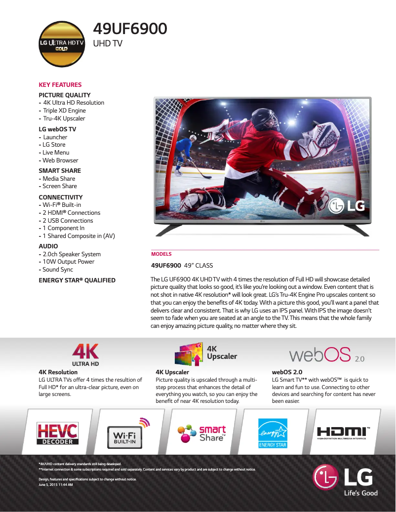 Page 1 de la notice Fiche technique LG 49UF6900