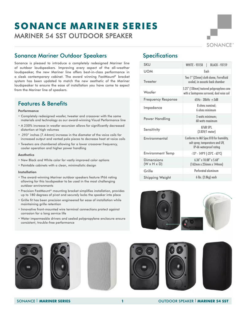 Page 1 de la notice Fiche technique Sonance Mariner 54 SSTMariner 54 SST