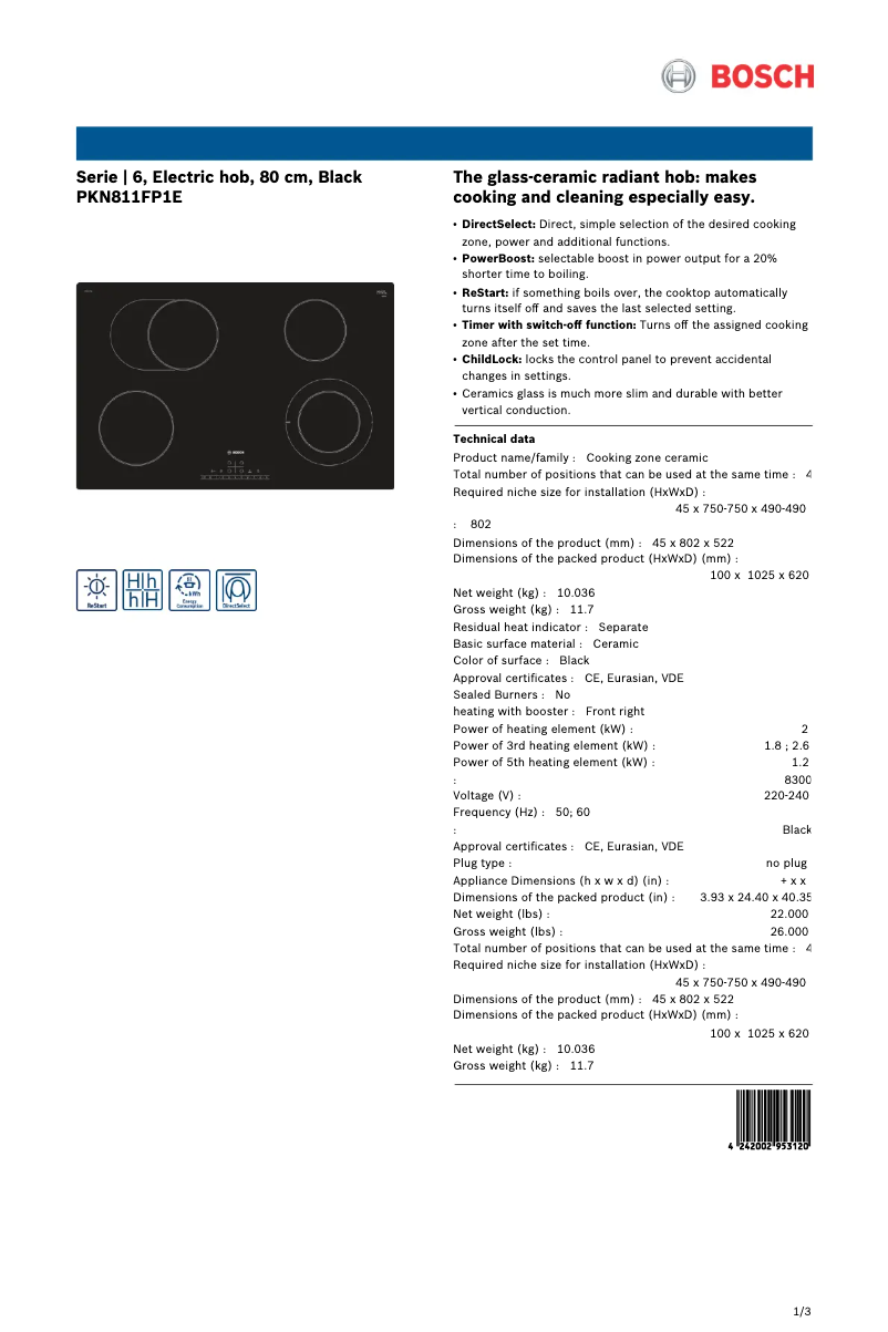 Page 1 de la notice Fiche technique Bosch PKN811FP1E