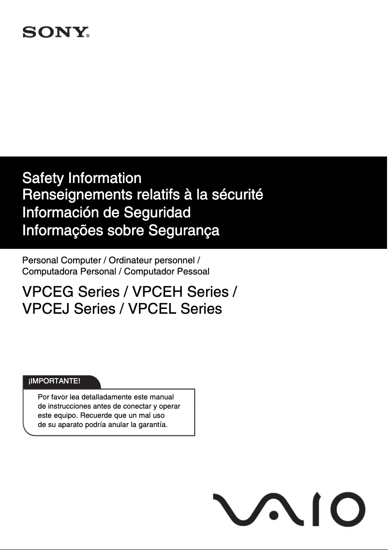 Page 1 de la notice Instructions de sécurité Sony Vaio VPCEH15FD