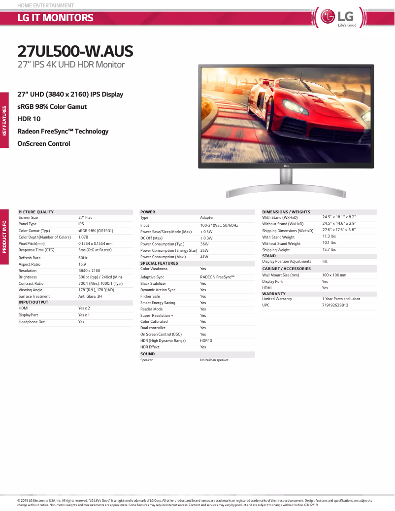 Page 1 of the manual Technical Sheet LG 27UL500-W