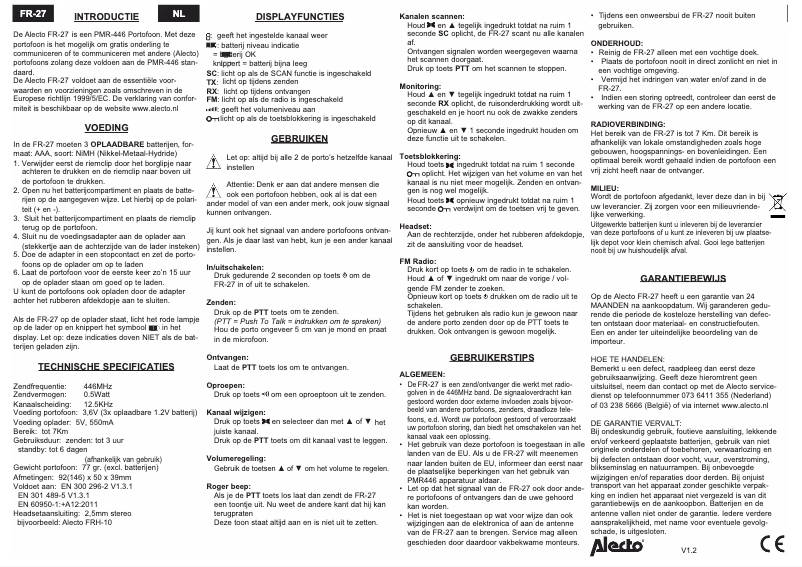 Page 1 of the manual User Manual Alecto PMR FR-27