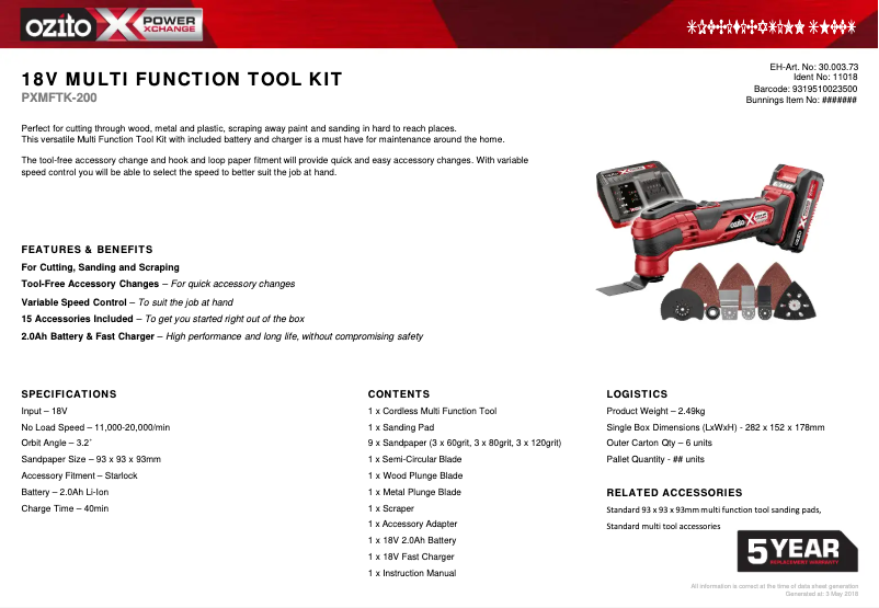 Page 1 de la notice Fiche technique Ozito PXMFTK-200