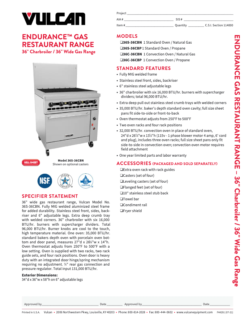 Page 1 de la notice Fiche technique Vulcan 36S-36CB