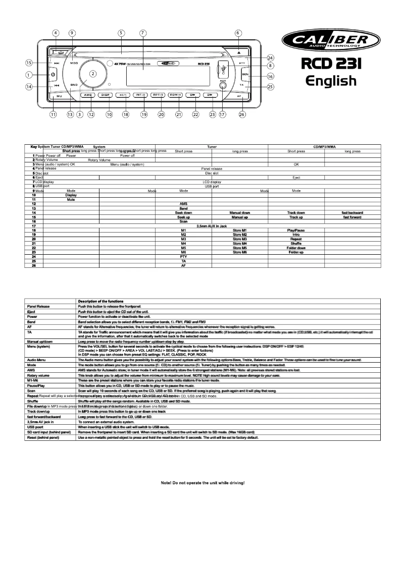Page 1 de la notice Manuel utilisateur Caliber RCD231