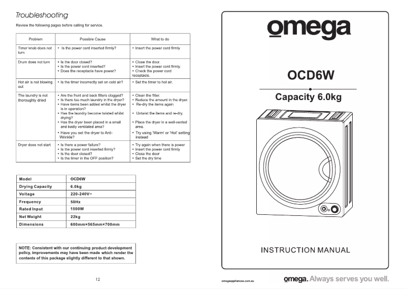 Page 1 de la notice Manuel utilisateur Omega OCD6W