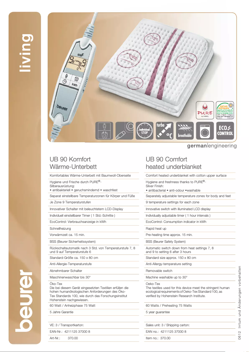 Page 1 de la notice Fiche technique Beurer UB 90