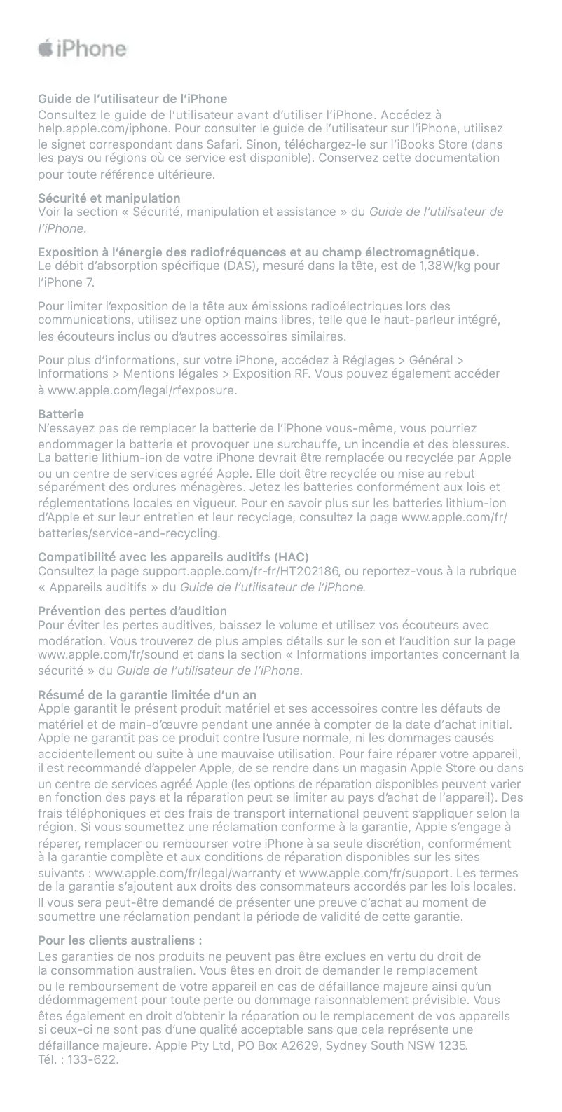 Page 1 de la notice Mode d'emploi Apple iPhone 7 Plus