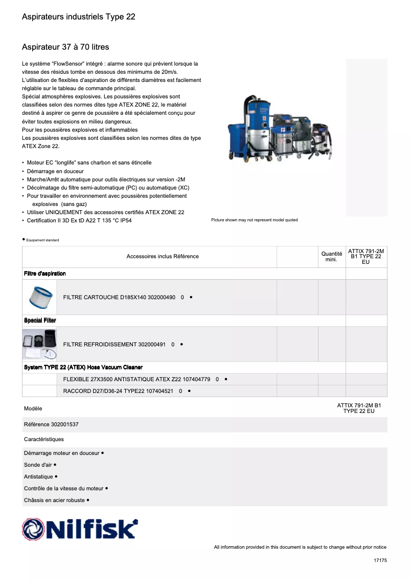 Page 1 de la notice Fiche technique Nilfisk ATTIX 791-2M B1