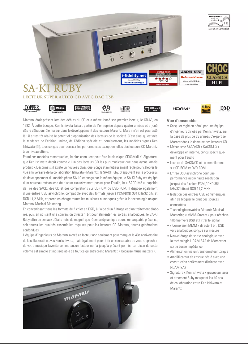 Page 1 de la notice Fiche technique Marantz SA-KI RUBY