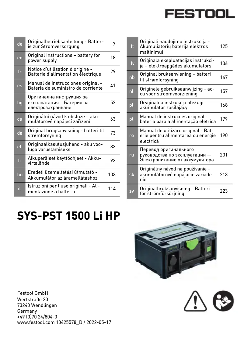 Page 1 de la notice Manuel utilisateur Festool SYS-PST 1500 Li HP