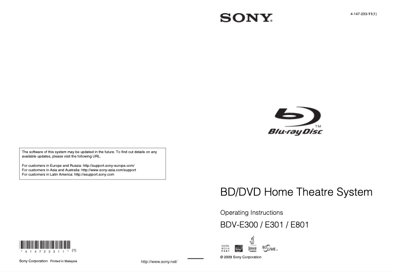 Page 1 de la notice Manuel utilisateur Sony BDV-E301
