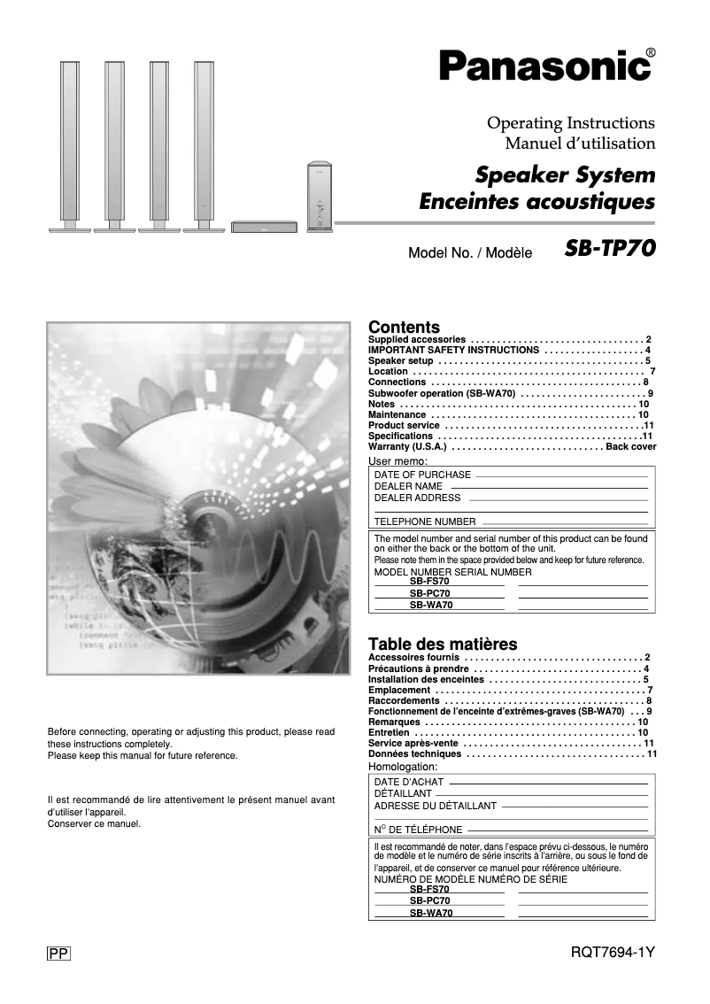 Page 1 de la notice Manuel utilisateur Panasonic SB-TP70
