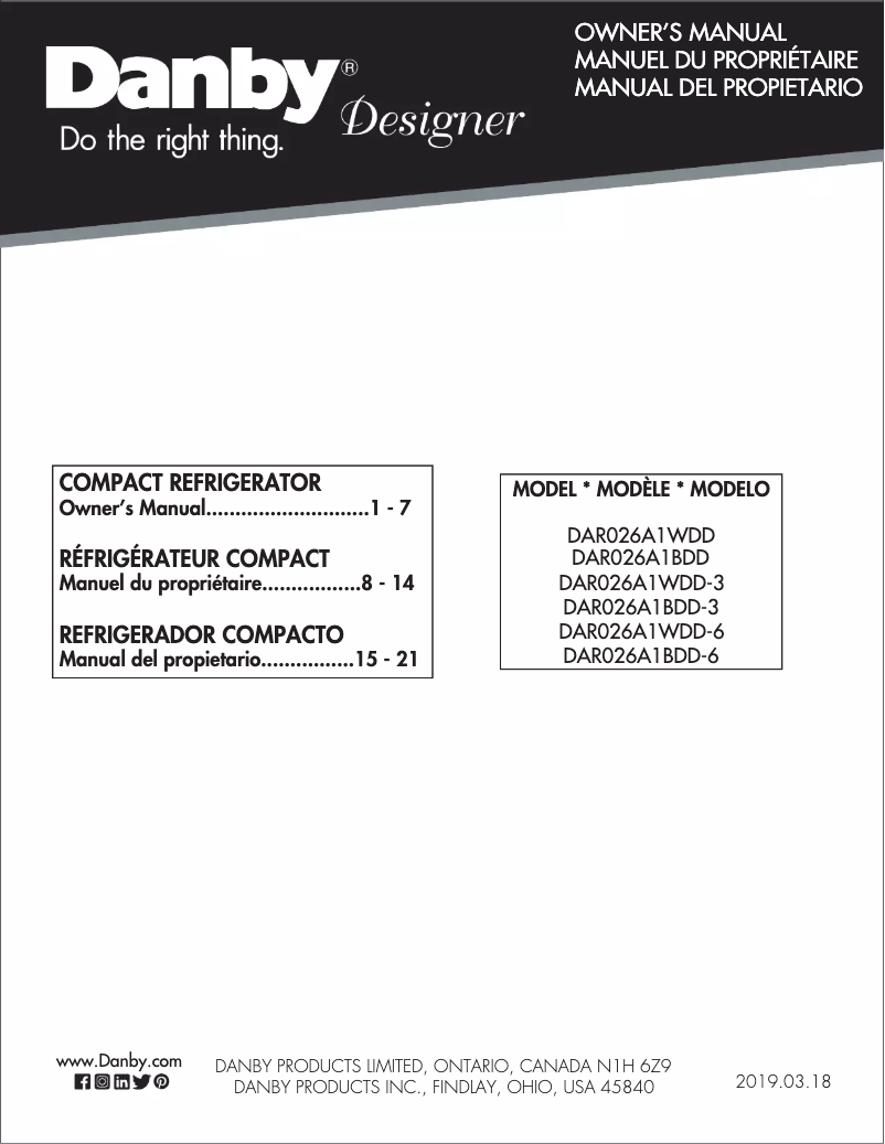Page 1 de la notice Guide d'installation Danby DAR026A1
