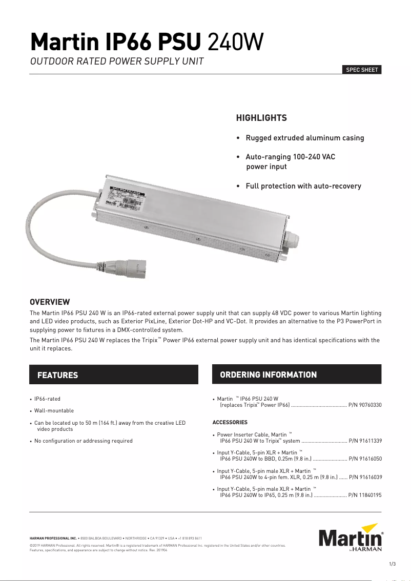 Page 1 de la notice Fiche technique Martin IP66 PSU 240W