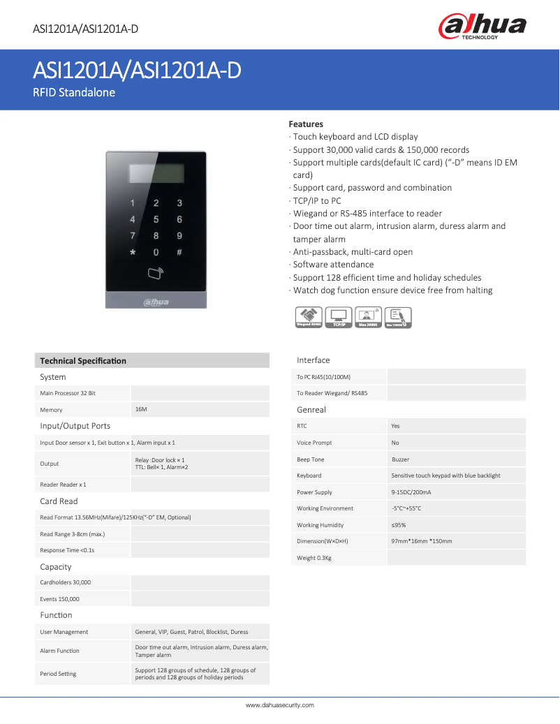 Page 1 de la notice Fiche technique Dahua Technology ASI1201A-D