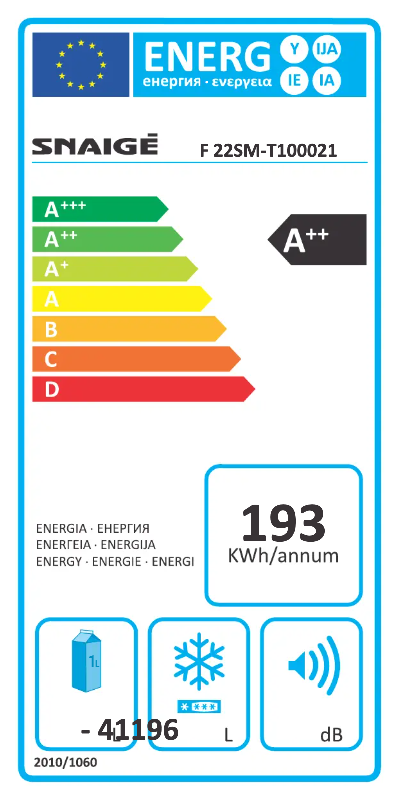 Page 1 de la notice Label énergétique Snaigė Ice Logic F 22SM-T1000E1