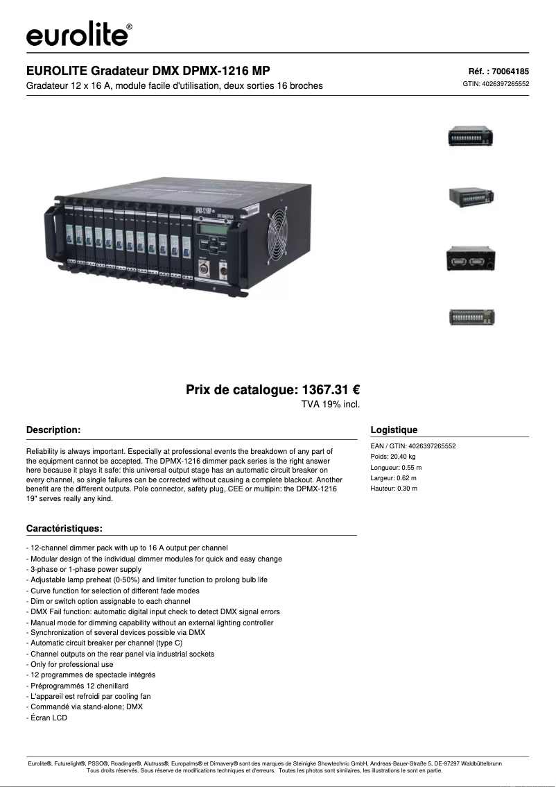Page 1 de la notice Fiche technique Eurolite DPMX-1216 MP