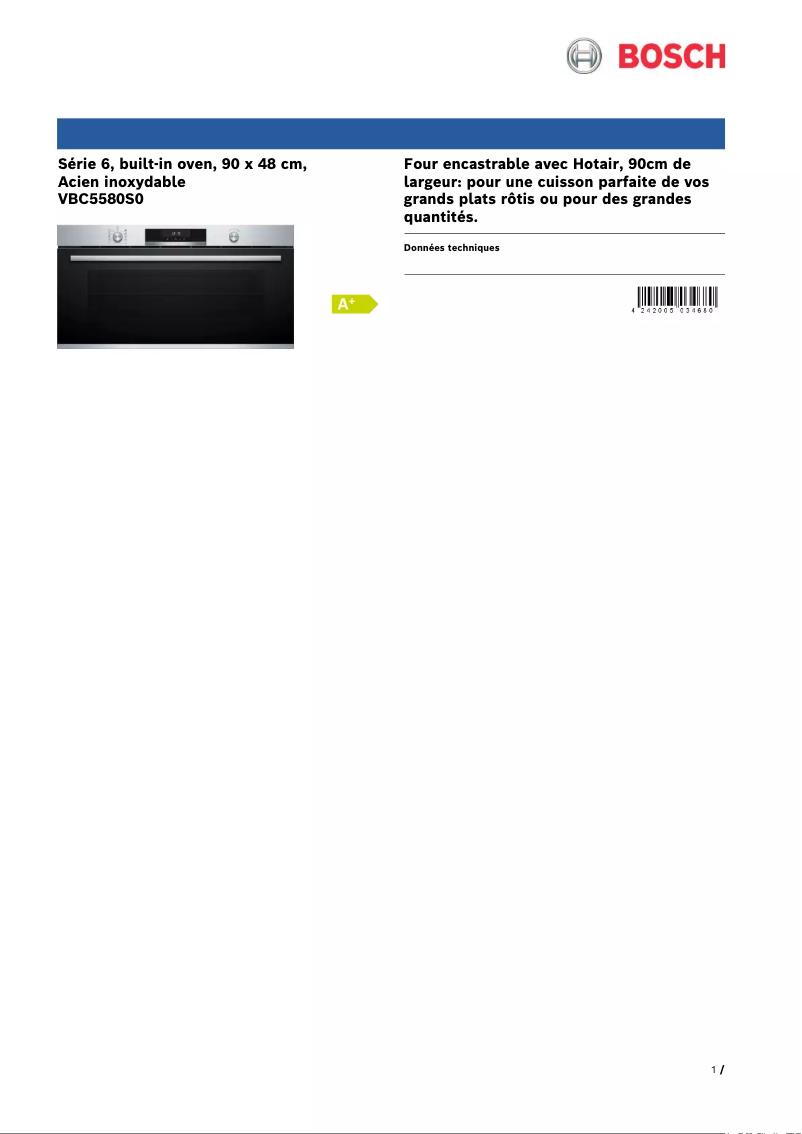 Page 1 de la notice Fiche technique Bosch VBC5580S0