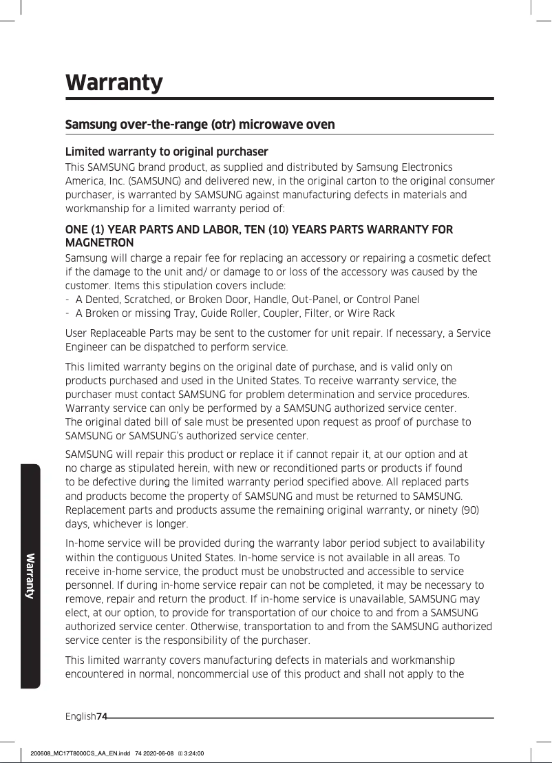 Página 1 del manual Información de garantía Samsung ME11A7510DS